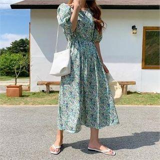 Floral Maxi Empire Dress With Sash Green - One Size