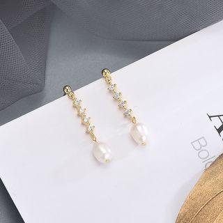 925 Sterling Silver Rhinestone Faux Pearl Dangle Earring 1 Pair - Es720 - One Size