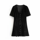 Elbow-sleeve V-neck Velvet Mini A-line Dress