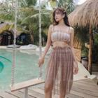 Set: Frill Trim Bikini Top + Plaid Bottom + Lace Cover-up Skirt