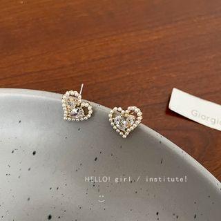 Rhinestone Heart Stud Earring 1 Pair - Gold & White - One Size