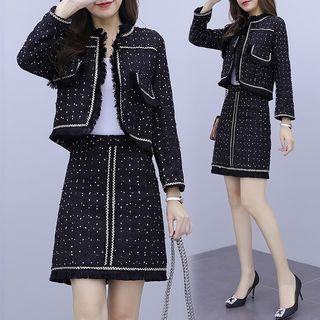 Set: Fringed Trim Open Front Tweed Jacket + A-line Skirt