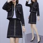 Set: Fringed Trim Open Front Tweed Jacket + A-line Skirt