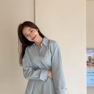 Wide-cuff Plain Cotton Shirt Sky Blue - One Size