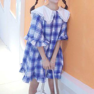 Elbow-sleeve Plaid Collar Dress Blue - One Size