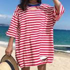 Elbow-sleeve Ripped Striped T-shirt