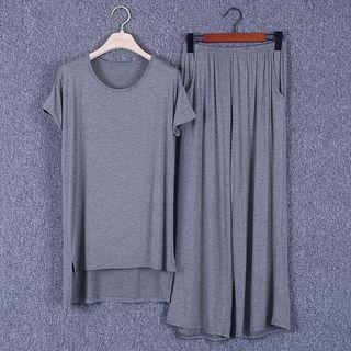 Set: Short-sleeve Dip-back U-neck Top + Long Pants / Cropped Pants