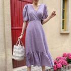Puff-sleeve Floral Print Dress Light Purple - One Size