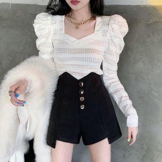Puff-sleeve Lace Blouse / High Waist Shorts / Set
