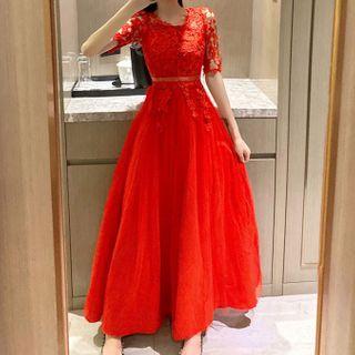 Elbow-sleeve Lace Panel Mesh A-line Gown