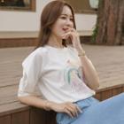 Puff-sleeve Flower-illustrated T-shirt