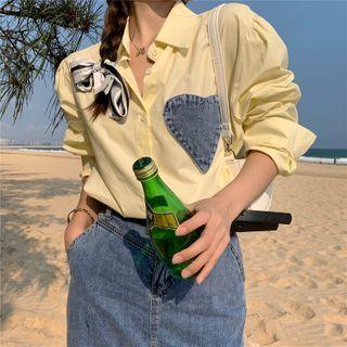 Heart Applique Shirt / Denim A-line Skirt With Belt