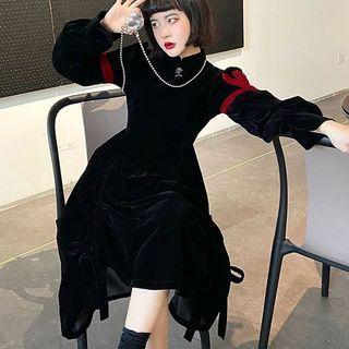 Long-sleeve Bow Detail Drawstring Midi A-line Dress