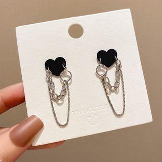 Heart Chained Alloy Dangle Earring E4549 - 1 Pr - Silver & Black - One Size