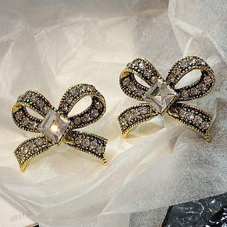 Rhinestone Bow Ear Stud 1 Pair - Gold & Black - One Size