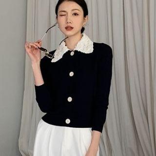 Color-block Studded Single-breasted Long-sleeve Cardigan