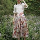 Set: Short-sleeve Blouse + Floral Midi Skirt