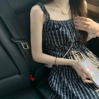 Spaghetti-strap Plaid Tiered Midi A-line Dress