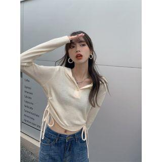 Hooded Crop Knit Top Beige - One Size