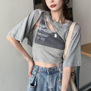 Printed Tank Top / Asymmetrical Short-sleeve Crop T-shirt