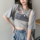 Printed Tank Top / Asymmetrical Short-sleeve Crop T-shirt