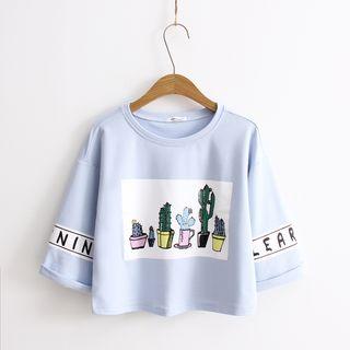Elbow-sleeve Cactus Print Cropped T-shirt