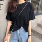 Short-sleeve Plain Crew-neck Asymmetric T-shirt