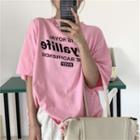Elbow-sleeve Leettering T-shirt