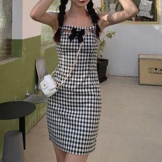 Spaghetti Strap Bow Gingham Mini Dress
