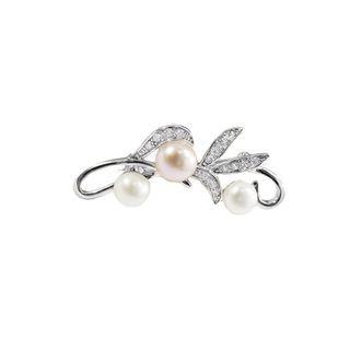 925 Sterling Silver Fashion And Elegant Floral Freshwater Pearl Brooch With Cubic Zirconia Silver - One Size