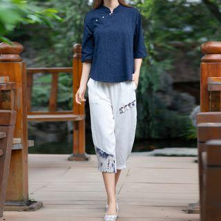 Set: Traditional Chinese 3/4-sleeve Top + Cropped Printed Harem Pants