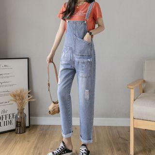 Distressed Denim Straight-cut Cropped Jumper Pants