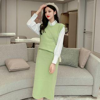 Set: Plain Shirt + Knit Vest + Side Slit Straight-fit Knit Skirt