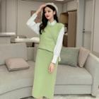 Set: Plain Shirt + Knit Vest + Side Slit Straight-fit Knit Skirt