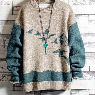 Crane Patterned Round Neck Sweater