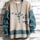 Crane Patterned Round Neck Sweater