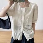 Puff-sleeve Square Neck Button-up Blouse Off-white - One Size