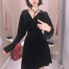 Long-sleeve Gather-waist Velvet Dress