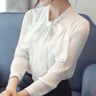 Long-sleeve Plain Bow Chiffon Shirt