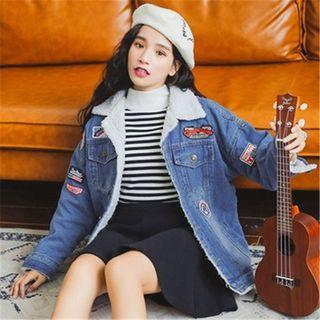 Set : Turtleneck Sleeveless Top + Denim Long-sleeve Blouse