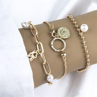 Set Of 3: Chain Bracelet + Coin Bracelet + Faux Pearl Bracelet Set Of 3 - Gold - One Size