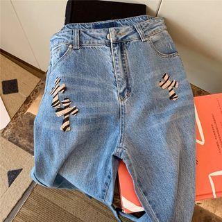 Cross Applique Slit-hem Straight Leg Jeans