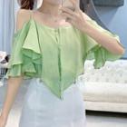 Ruffle Cold Shoulder Elbow-sleeve Blouse