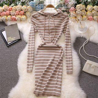 Striped Knit Hooded Mini Bodycon Dress