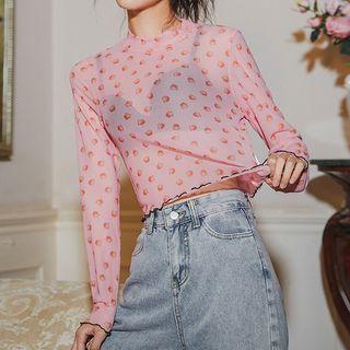 Long-sleeve Peach Print Frill Trim Mesh Top