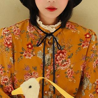 Beribboned Mandarin-collar Floral Blouse