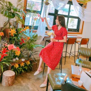 Drawcord-sleeve Floral Long Flare Dress