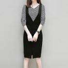 Set: Striped Long-sleeve V-neck T-shirt + Pinafore Dress