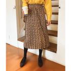Band-waist Accordion-pleat Floral Skirt Yellow - One Size