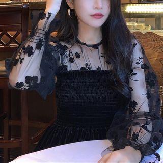 Floral Mesh Panel Velvet Blouse
